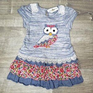 Rare Editions Infant Girls Dress Owl Applique Lace Floral Ruffle Hem dress 18m